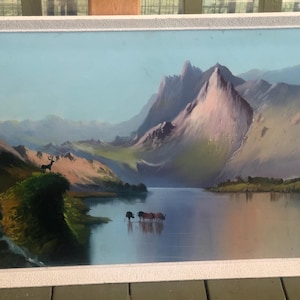 Vintage Artwork Landscape Oil Painting Mountains Stag Water Buffalo Framed Unsigned VGC