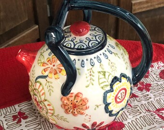 Anthropologie Pottery Tri-Handle Tea Pot Embossed Colorful Floral Design