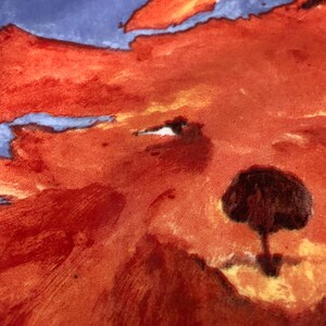 May include: Close-up of a fabric with an abstract design in shades of red, orange, and blue. The artwork features brushstrokes and a tree-like shape, creating a textured appearance.