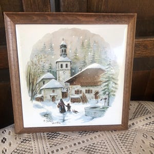 Italian Village Scene Tile and Wood Trivet or Wall Plaque Excellent Condition Vintage