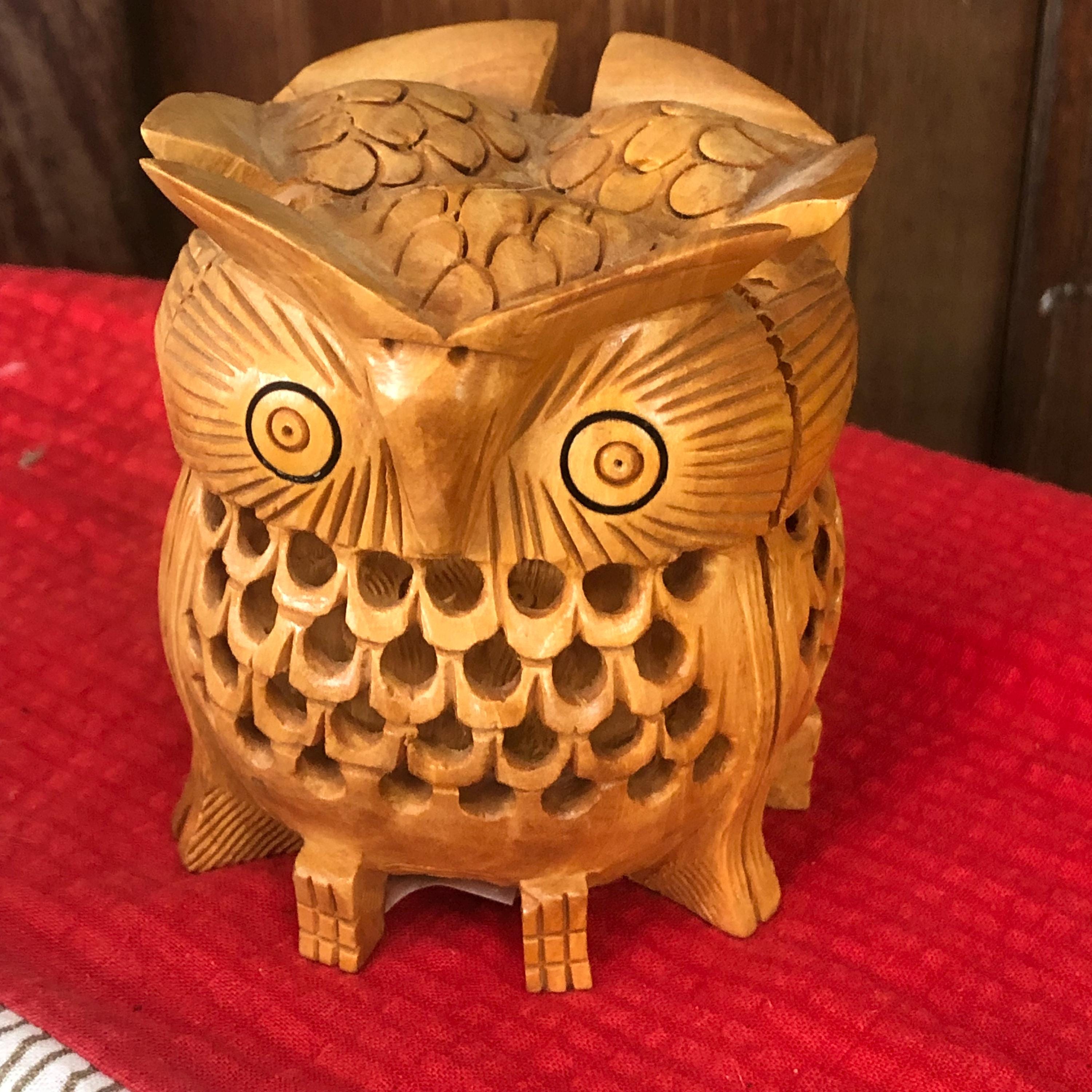 Carved Wooded Triple Owl Figurine New