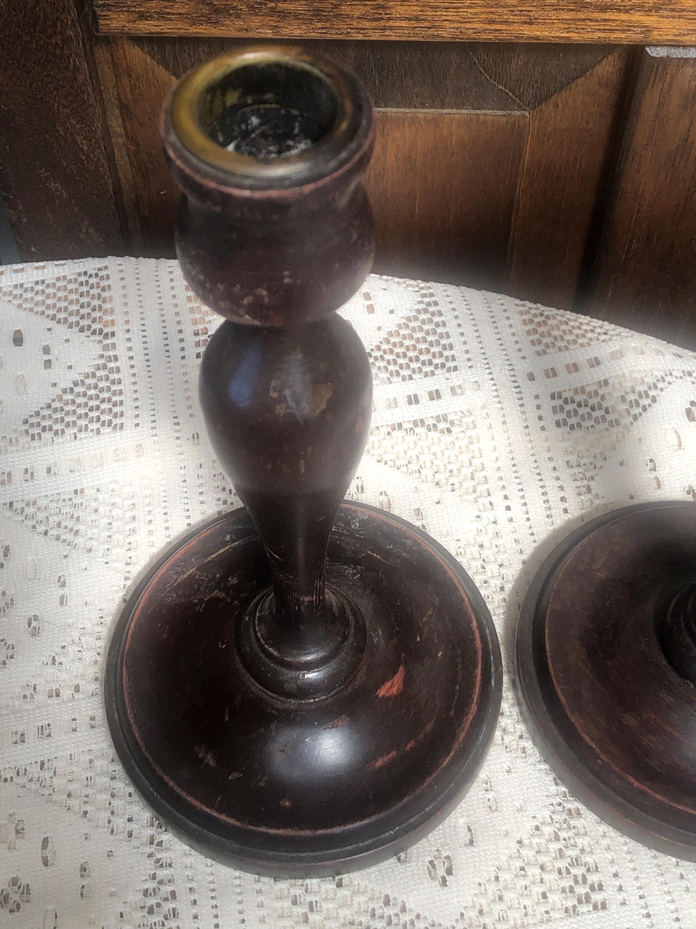 Pair of Antique Turned Wood Candlestick Holders VGC - Etsy