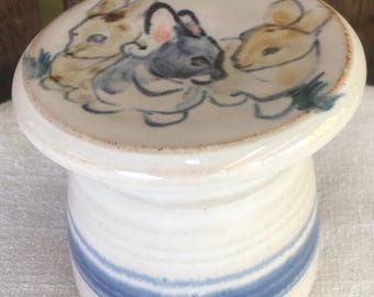 Vintage Studio Pottery Stoneware Butter Crock Rabbit Theme Hand Painted