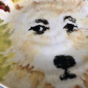 May include: A ceramic plate with a painted dog's face. The dog's eyes and nose are black, set against a white and tan backdrop. The plate's design is artistic and detailed.