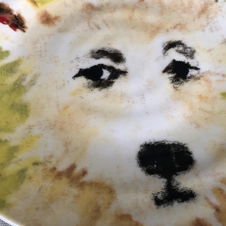 May include: A ceramic plate with a painted dog's face. The dog's eyes and nose are black, set against a white and tan backdrop. The plate's design is artistic and detailed.