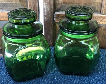 1970s Vintage Wheaton Green Glass Canisters Apothecary Jars Retro Kitchen