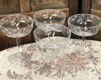 Chic and Tonic Coupe Glasses Etched Hexagon w Star/Honeycomb Pattern Set of 4