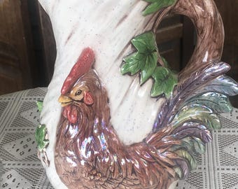 Vintage Rooster Hand Painted Ceramic Pitcher Pristine