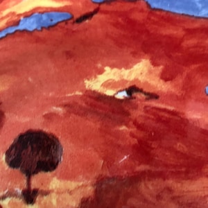 May include: Abstract watercolour painting depicting a landscape with a dark tree in the foreground. The artwork uses a warm colour palette of reds, oranges, and yellows, with hints of blue in the sky. The style is loose and expressive.