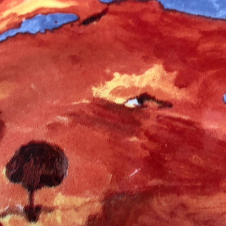 May include: Abstract watercolour painting depicting a landscape with a dark tree in the foreground. The artwork uses a warm colour palette of reds, oranges, and yellows, with hints of blue in the sky. The style is loose and expressive.