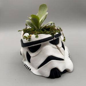 Puede incluir: Una maceta blanca con forma de casco de Stormtrooper con detalles negros, llena de plantas verdes y follaje pequeño. Un artículo decorativo único para los fanáticos de la ciencia ficción.