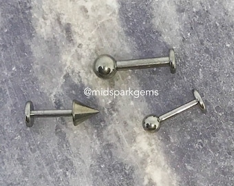 Solid Titanium Flatback Labret - Internally Threaded ASTM F136 - Choose 16g or 14g, Balls or Spikes - Over 20 Anodized Colors
