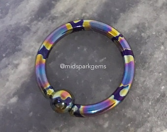 MIDNIGHT OIL SLICK (8g, 10g, or 12g) - Heavy Gauge Titanium Captive Bead Ring - Anodized with Rainbow Oil Slick Piebald Pattern - Astm F136