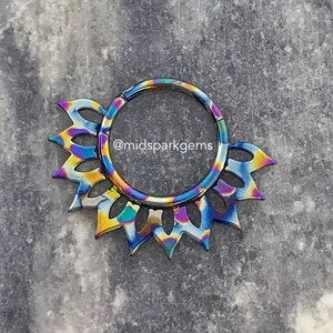 Naked Oil Slick 10G, 12G, 14G, 16G Anodized Titanium Mandala Flower Petal Hinged Segment Ring Clicker - Septum Ring Hoop in 10mm (3/8 inch)