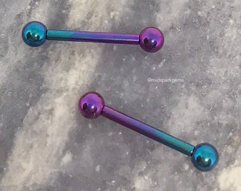PEACOCK (16g) Internally Threaded ASTM F136 Anodized Titanium Tongue or Nipple Barbell - Choose 3mm or 4mm Balls or Spikes, Single or Pair