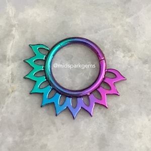 PEACOCK (14G or 16G) Anodized Titanium Mandala Flower Petal Hinged Segment Ring Clicker - Septum Ring Hoop in 10mm (3/8 inch) or 8mm (5/16&quot;)