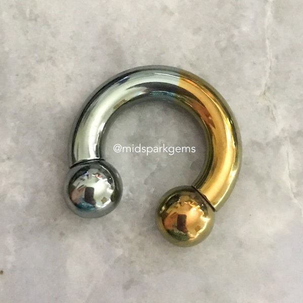 HALF GOLD / SILVER (4G, 5G, 6G, 7G, 8G, 10G, or 12G) Anodized Astm F136 Titanium Bigger Gauge Horseshoe Circular Barbell Septum Ring