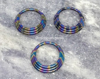 OIL SLICK - Triple Stack Tiered Hinged Segment Ring Clicker - Rainbow Anodized ASTM F136 Titanium Septum Ring Helix Conch Hoop 16g 8mm, 10mm