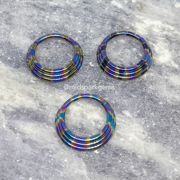 OIL SLICK - Triple Stack Tiered Hinged Segment Ring Clicker - Rainbow Anodized ASTM F136 Titanium Septum Ring Helix Conch Hoop 16g 8mm, 10mm