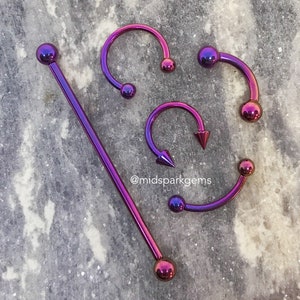 SYNTHWAVE Internally Threaded ASTM F136 Titanium - Curved, Industrial, Circular Horseshoe Barbells with Fuchsia Pink Purple Gradient 14G 16G