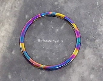 May include: A rainbow colored seamless ring made of surgical steel. The ring is 16 gauge and is perfect for a nose ring, lip ring, or helix piercing.