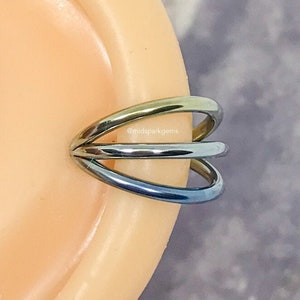 BLUE-GOLD - Triple Stack Fan Hinged Segment Ring Clicker - Anodized ASTM F136 Titanium Septum Ring Helix Conch Hoop - 14G, 16G or 18G