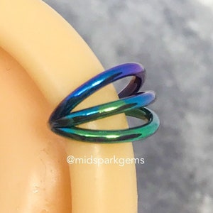 OCEAN BLUE - Triple Stack Fan Hinged Segment Ring Clicker - Blue Teal Anodized ASTM F136 Titanium Septum Ring Helix Conch Hoop, 14G 16G 18G