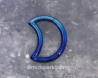 ARCTIC BLUE - 16g 8mm or 10mm Crescent Moon Hinged Segment Ring Clicker ASTM F136 Titanium Dark Ice Blue Septum Ring Daith Hoop Piercing