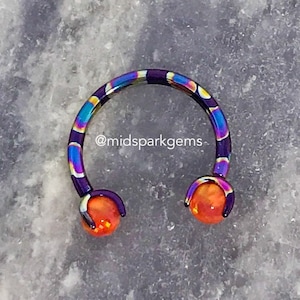 MIDNIGHT OIL SLICK (16g, 14g, 12g) Orange Opal Horseshoe Astm F136 Anodized Titanium, Lab Fire Opal Ball Circular Septum Barbell