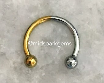 HALF GOLD / SILVER - Anodized Titanium, Internally Threaded Astm F136, Single Circular Horseshoe Barbell Septum Ring, 16g or 14g