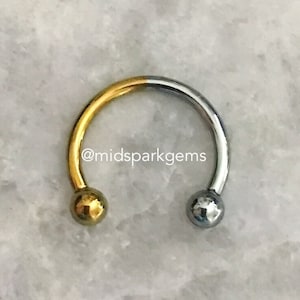HALF GOLD / SILVER - Anodized Titanium, Internally Threaded Astm F136, Single Circular Horseshoe Barbell Septum Ring, 16g or 14g