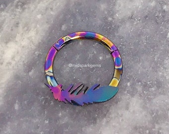 Feather Hinged Segment Ring 16g 5/16” (8mm) - Rainbow Anodized ASTM F136 Titanium Clicker Hoop - Pink Purple Blue Oil Slick Septum Ring