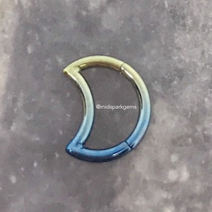 BLUE GOLD - 16g 8mm or 10mm Crescent Moon Hinged Segment Ring - Anodized Titanium Clicker ASTM F136 - Septum Ring or Daith / Cartilage Hoop
