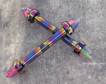 MIDNIGHT OIL SLICK (12g, 14g, or 16g) Rainbow Anodized Astm F136 Titanium Nipple Barbells with Lavender Lab Opal Cones, Internally Threaded