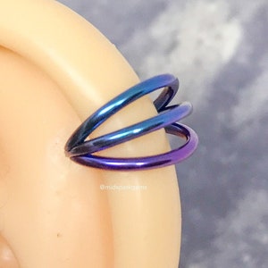 PEACOCK - Anel de segmento articulado com três pontas em leque - Anel de septo de titânio ASTM F136 anodizado roxo azulado - Argola de concha helicoidal - 14G 16G 18G