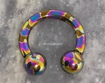 BRONZE OIL SLICK (7G, 8G, 10G, or 12G) - Bigger Gauge Horseshoe Circular Barbell - Astm F136 Titanium - Internally Threaded Anodized Rainbow