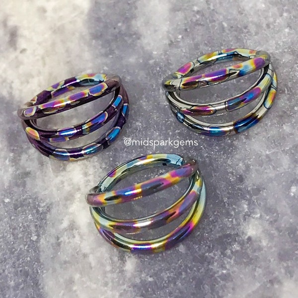 OIL SLICK - Triple Stack Fan Hinged Segment Ring Clicker - Rainbow Anodized ASTM F136 Titanium Septum Ring Helix Conch Hoop - 14G, 16G, 18G