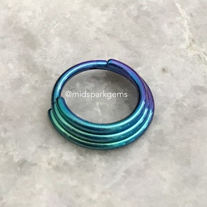 OCEAN BLUE - Triple Stack Tiered Hinged Segment Ring 16g - Teal Titanium Clicker - ASTM F136 in 8mm or 10mm - Septum Ring or Hoop Earring