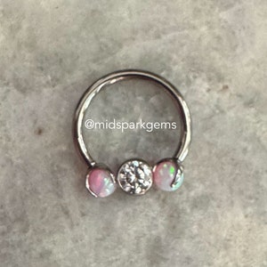 Lilac Opal Titanium Captive Bead Horseshoe Ring (16g or 14g) 10mm 3/8 inch with Clear Crystal Bead - ASTM F136 Internally Threaded