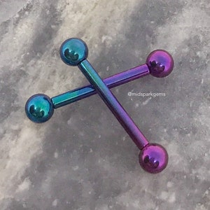 PEACOCK (12 or 14g) Internally Threaded ASTM F136 Anodized Titanium Nipple Barbell - Choose 4mm or 5mm Balls or Spikes, Single or Pair