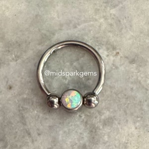 Titanium Captive Bead Horseshoe Ring with White Opal Bead (16g or 14g) 10mm 3/8 inch ASTM F136 Internally Threaded