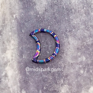 MIDNIGHT OIL SLICK - Crescent Moon Hinged Segment Ring Titanium Clicker Astm F136 in 16g 8mm, 10mm, or 12mm Daith Hoop Ring