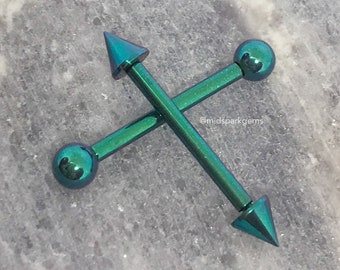 EMERALD GREEN Internally Threaded ASTM F136 Anodized Titanium Tongue or Nipple Barbell with Ball or Spike Cones, Single or Pair, 12g or 14g