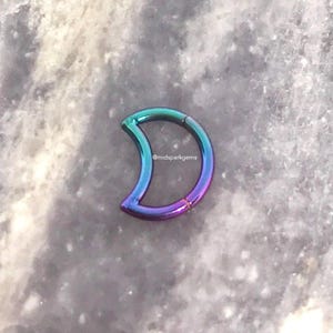 PEACOCK - 16g 8mm, 10mm or 12mm Crescent Moon Hinged Segment Ring Clicker ASTM F136 Titanium Purple Blue Green Ring Daith Hoop Piercing