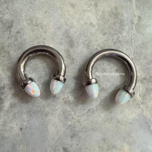 May include: Two silver circular barbell earrings with white opal ends. The earrings are for stretched earlobes.