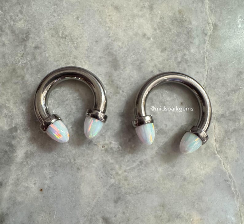 May include: Two silver circular barbell earrings with white opal ends. The earrings are for stretched earlobes.