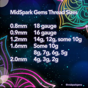 May include: A chart titled "MidSpark Gems Thread Sizes" on a dark blue background with colorful neon accents. The chart lists thread sizes in millimeters and gauge, including 0.8mm (18 gauge), 0.9mm (16 gauge), and 2.0mm (4g, 3g, 2g).