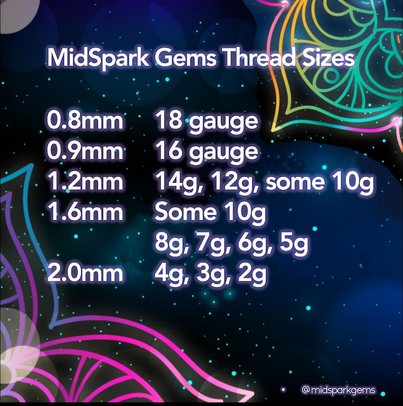 May include: A chart titled "MidSpark Gems Thread Sizes" on a dark blue background with colorful neon accents. The chart lists thread sizes in millimeters and gauge, including 0.8mm (18 gauge), 0.9mm (16 gauge), and 2.0mm (4g, 3g, 2g).