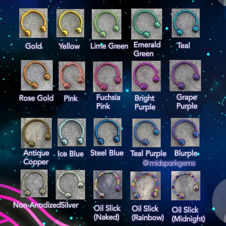 May include: A grid of horseshoe-shaped body jewelry in various colors, including gold, yellow, lime green, emerald green, teal, rose gold, pink, fuchsia pink, bright purple, and grape purple. Other colors include antique copper, ice blue, steel blue, teal purple, blurple, non-anodized silver, and oil slick.