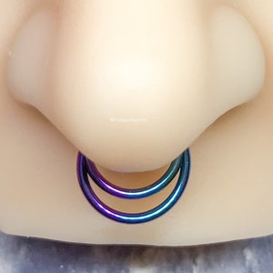 PEACOCK Gradient Double Hoop / Double Stack Hinged Segment Septum Ring - Anodized ASTM F136 Titanium Clicker - Purple Blue Green 12g 14g 16g